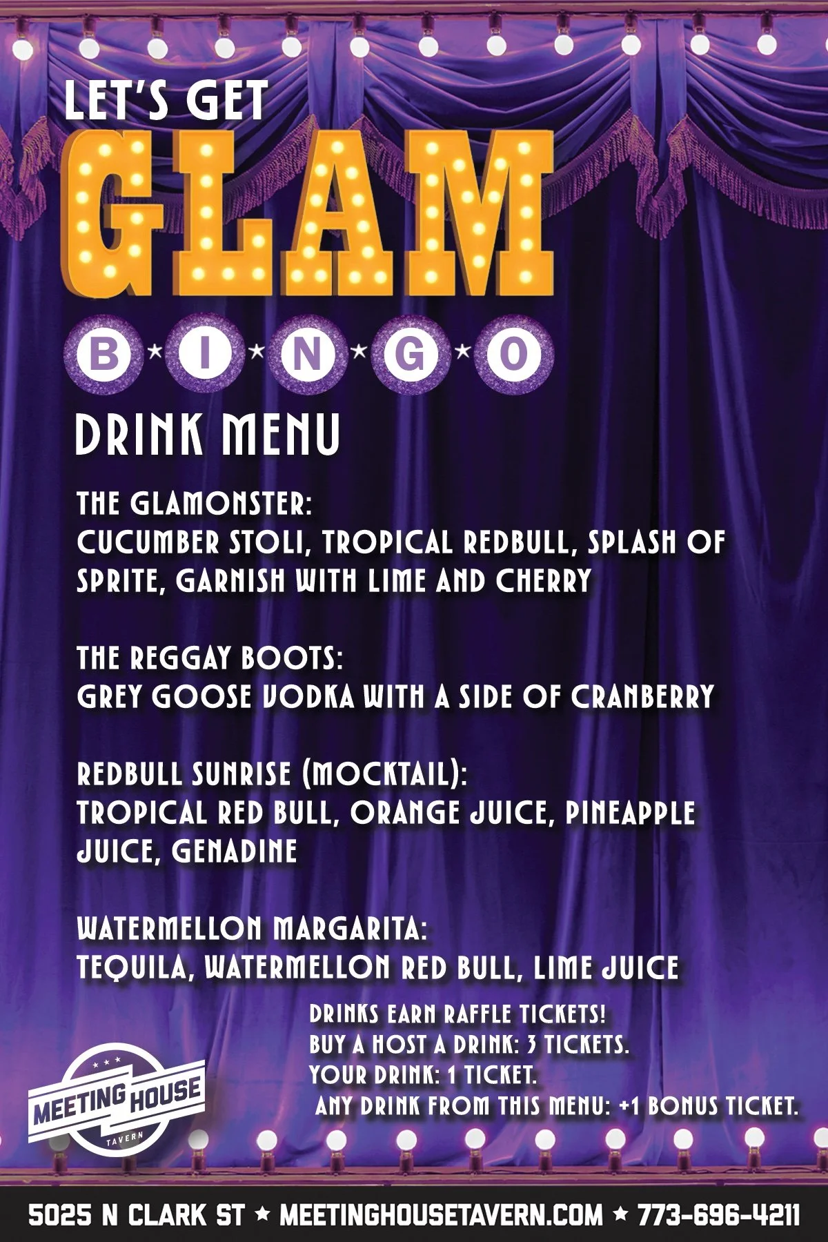 Let's Get GLAM Bingo special drink menu at Meeting House Tavern Chicago
