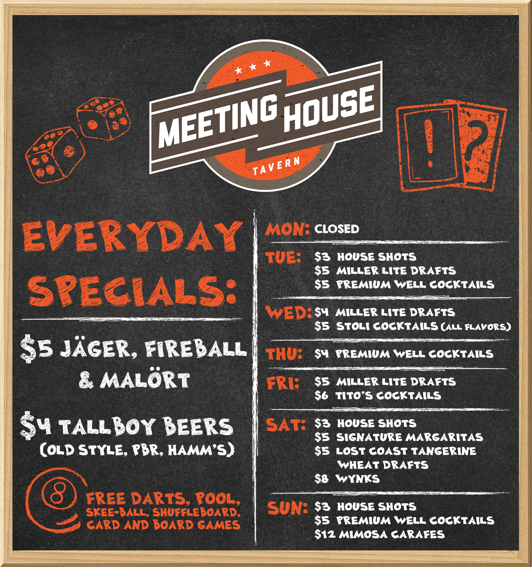 Meeting House Tavern drink specials menu &mdash; nightly deals on cocktails, beer, and more in Andersonville Chicago