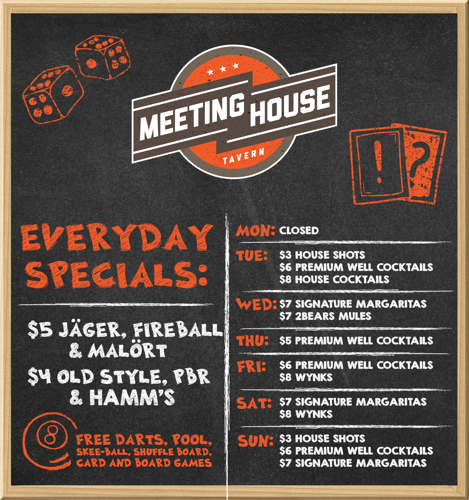 Meeting House Tavern drink specials menu &mdash; nightly deals on cocktails, beer, and more in Andersonville Chicago