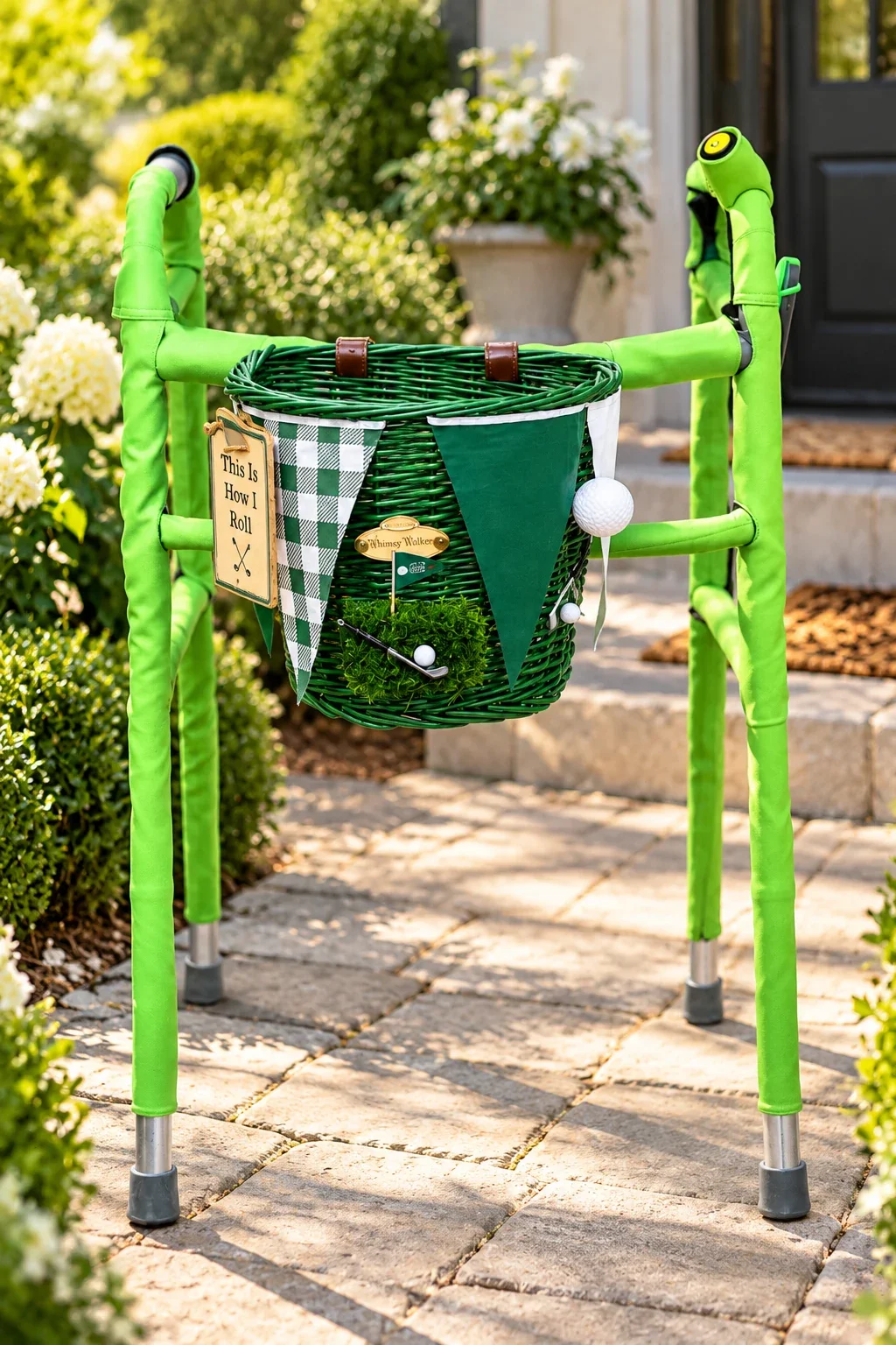 Tee Time Whimsy Walkers decorative accessory kit in a golf-inspired outdoor setting; walker not included.