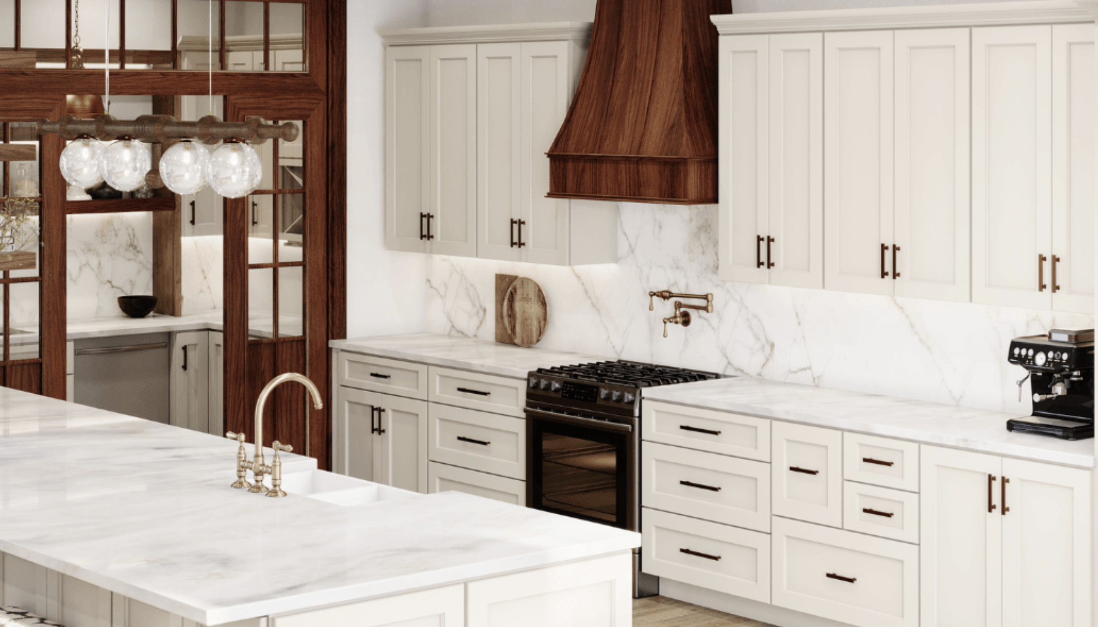 White kitchen cabinetry with dark hardware and a wood range hood