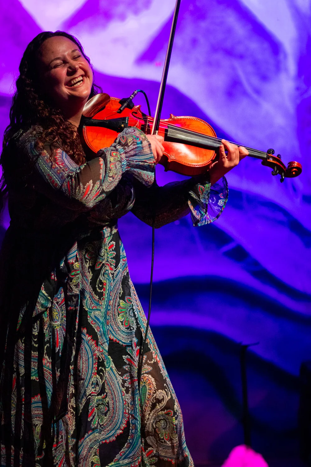Violinist performing under purple stage light