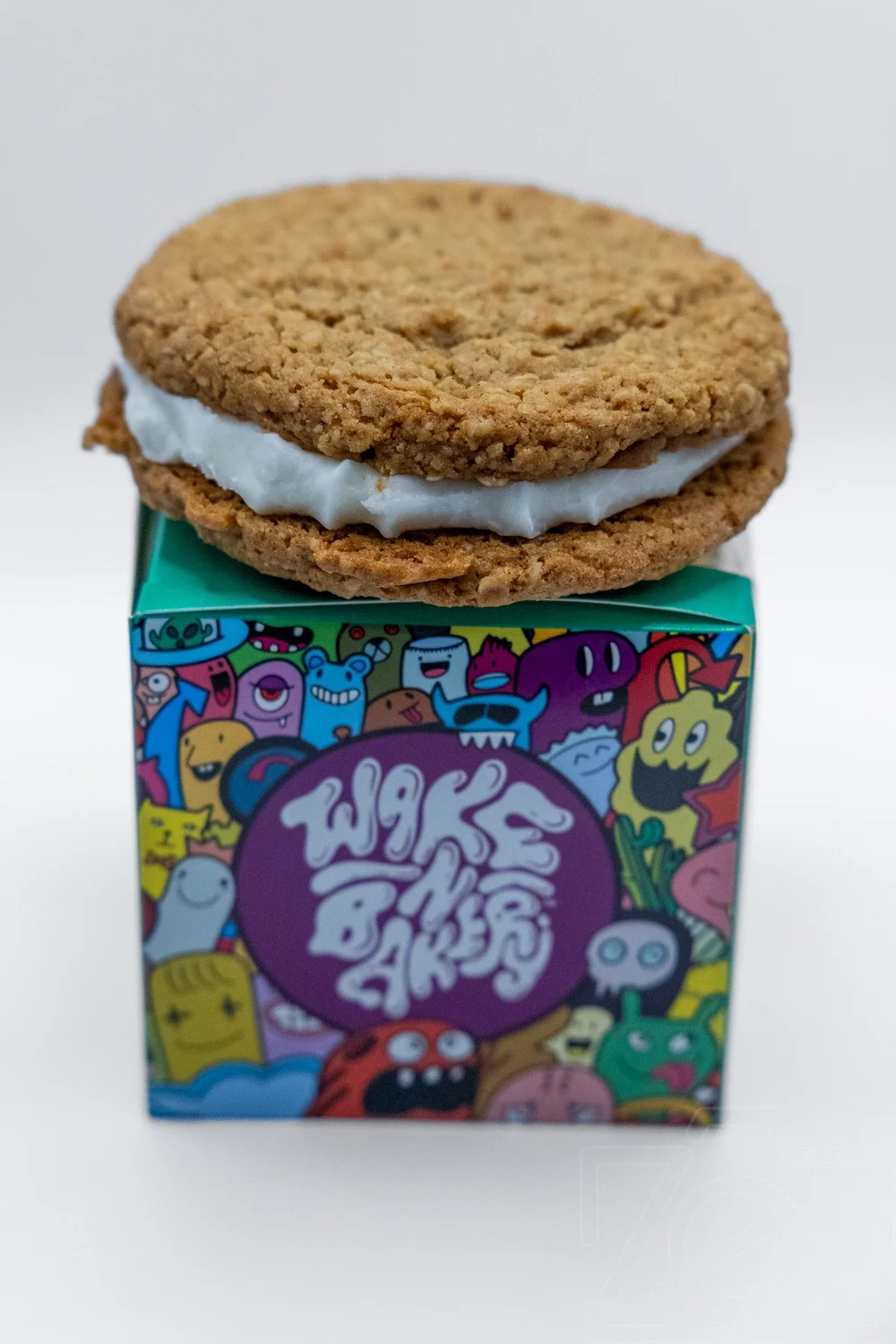 Oatmeal cream pie photographed on a branded Wake N Bake box for a Chattanooga bakery