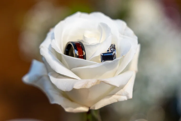 Wedding rings resting in a white rose