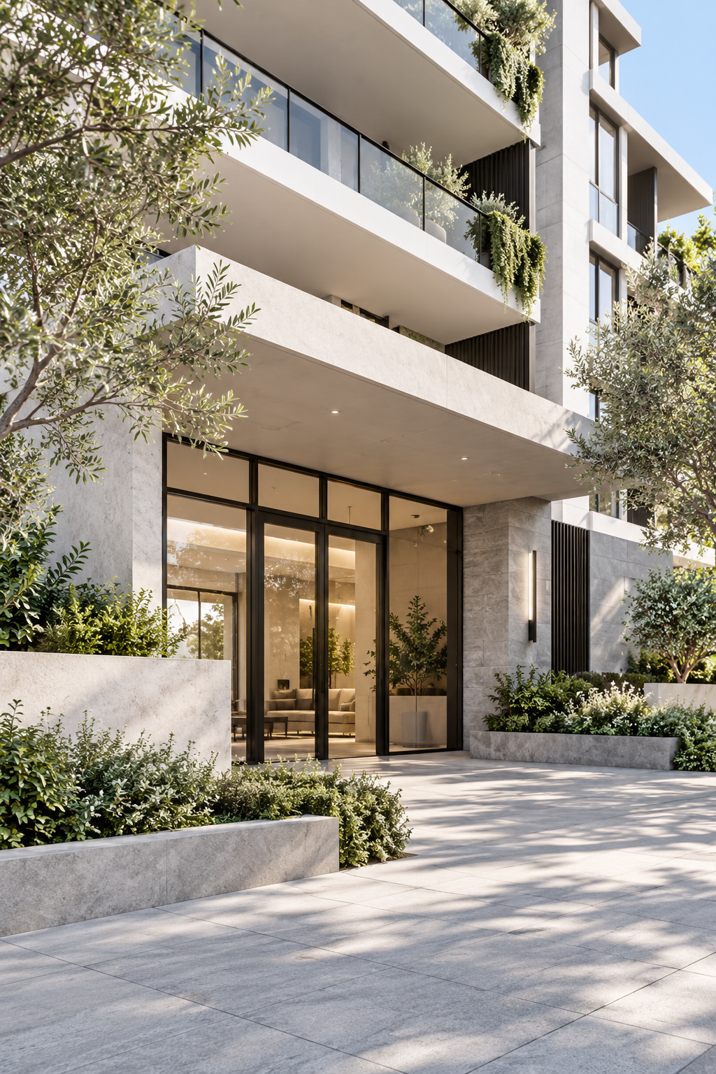 Contemporary luxury apartment building entrance
