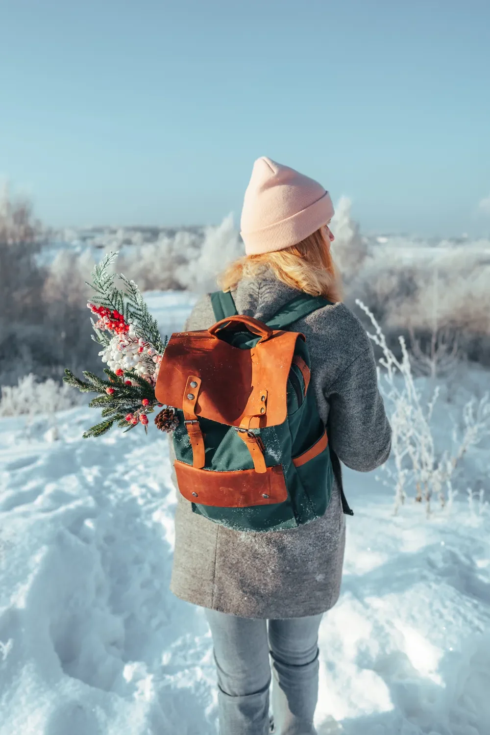 Wildbags backpack styled with winter greenery