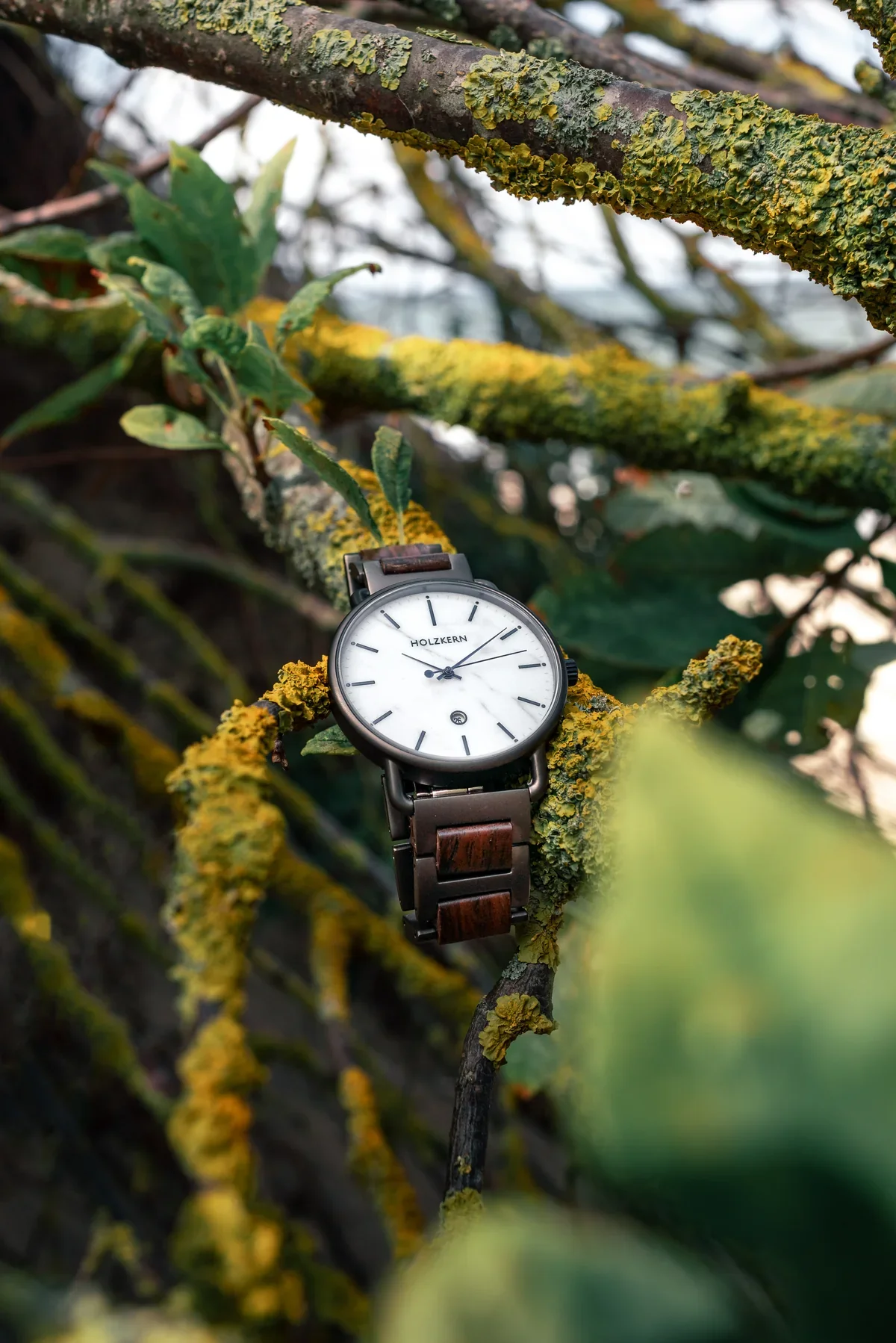 Holzkern wooden watch hanging from a moss-covered branch