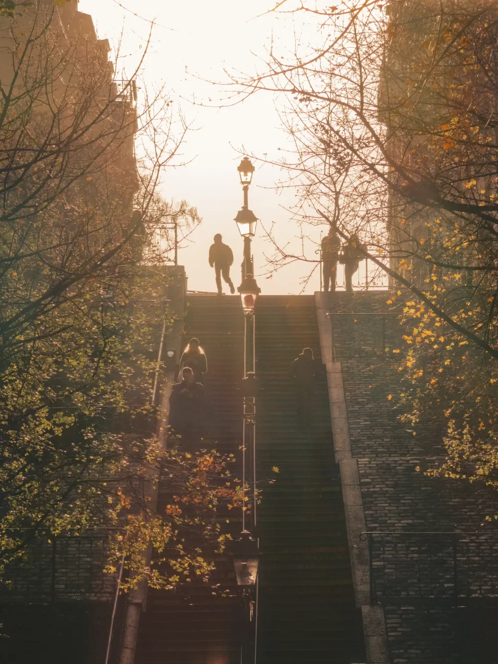 Montmartre stairs glowing in late-afternoon winter sun