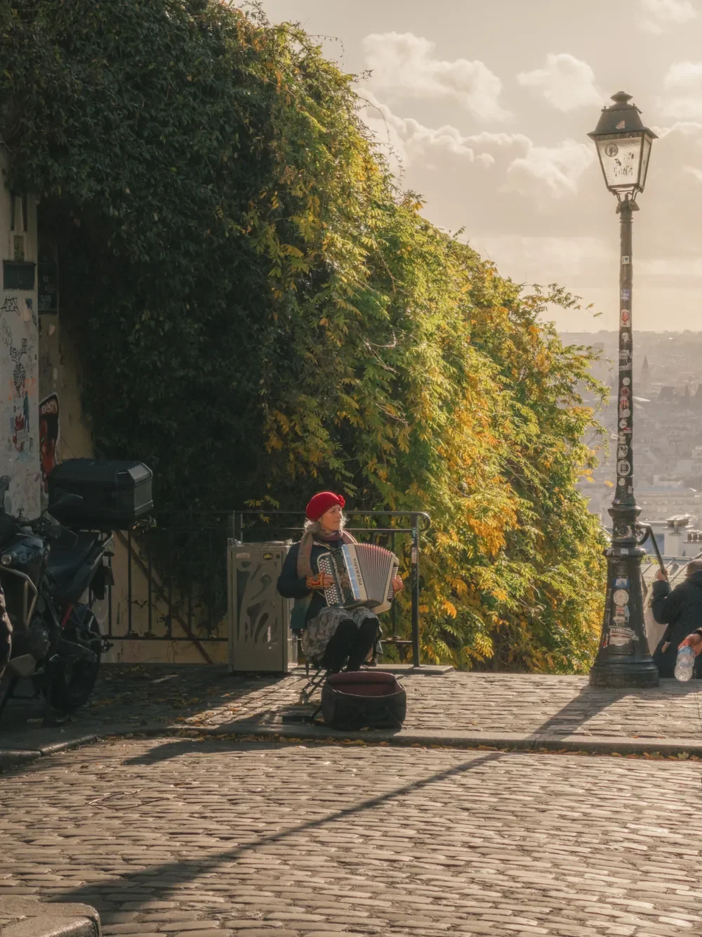 Street musician playing accordion in warm winter light