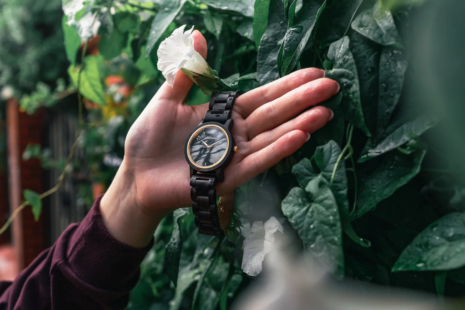 Holzkern wooden watch held among green leaves