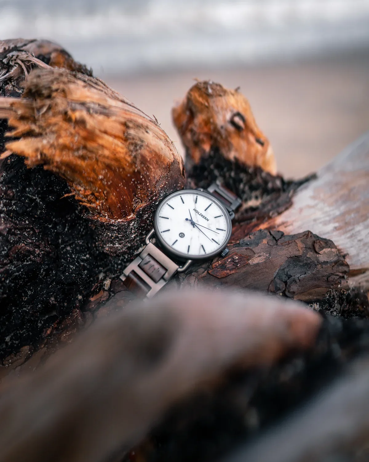 White-dial Holzkern watch arranged on dark driftwood