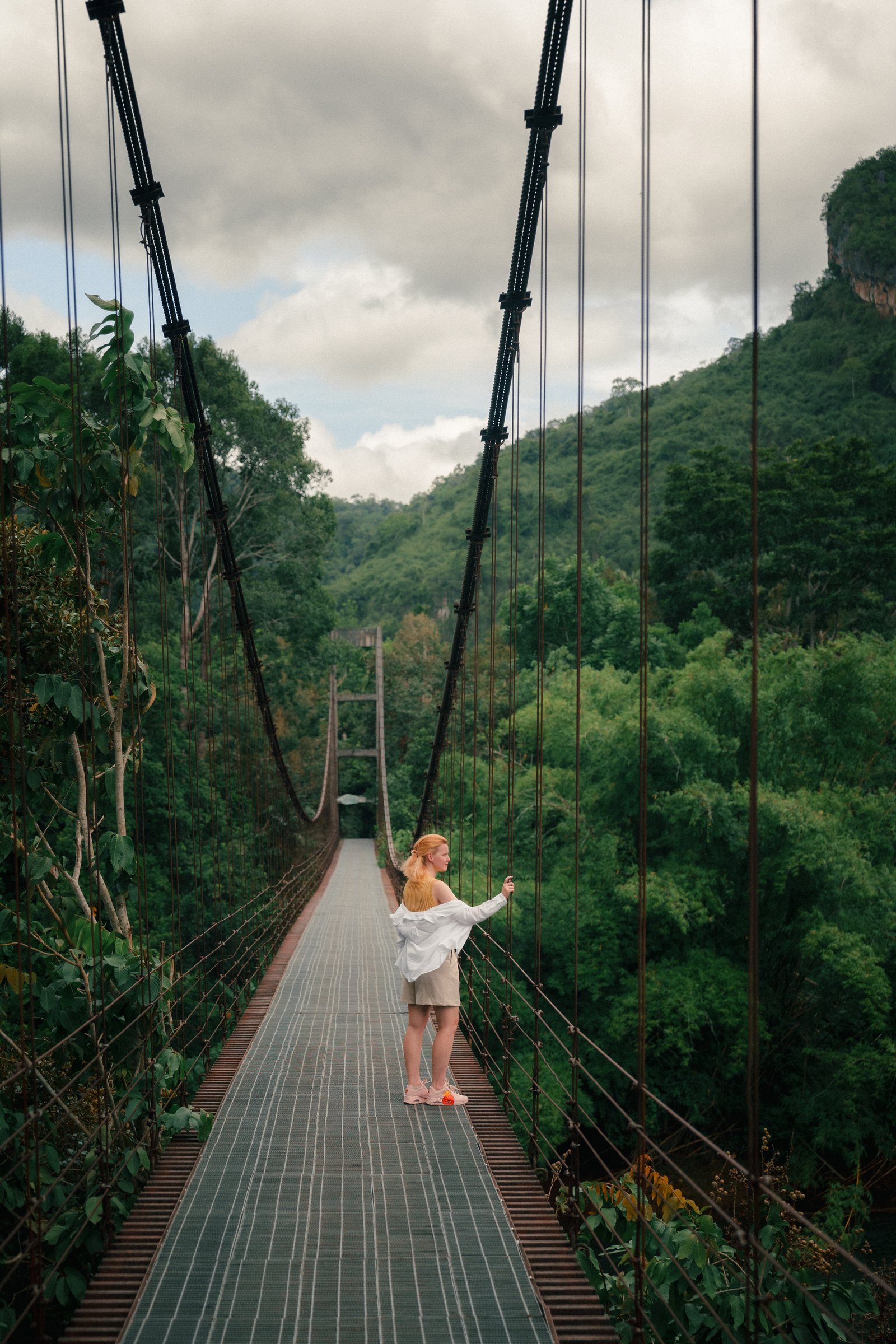 Traveller standing on a suspension bridge surrounded by forest