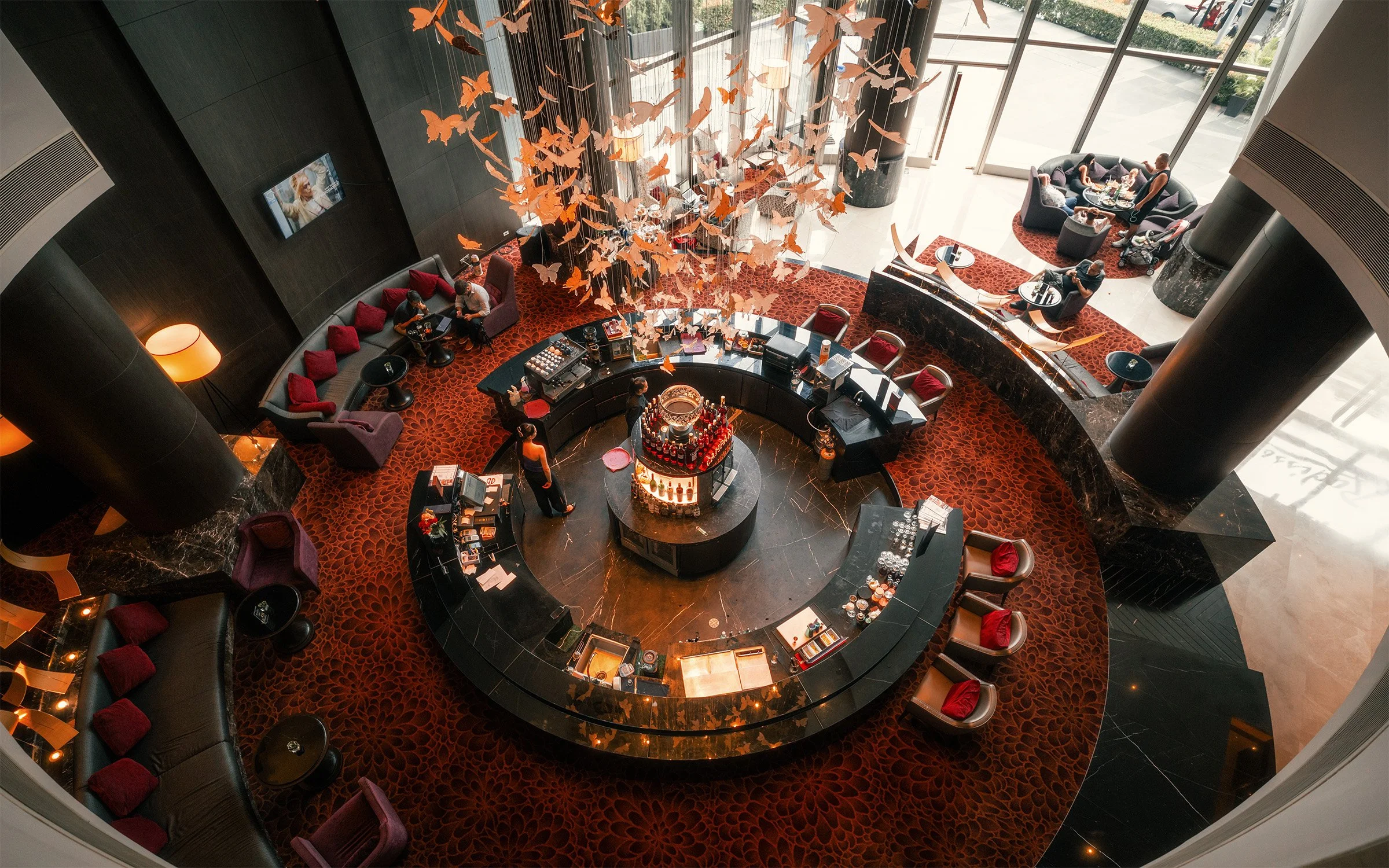 Radisson Blu hotel lobby photographed from above in Bangkok