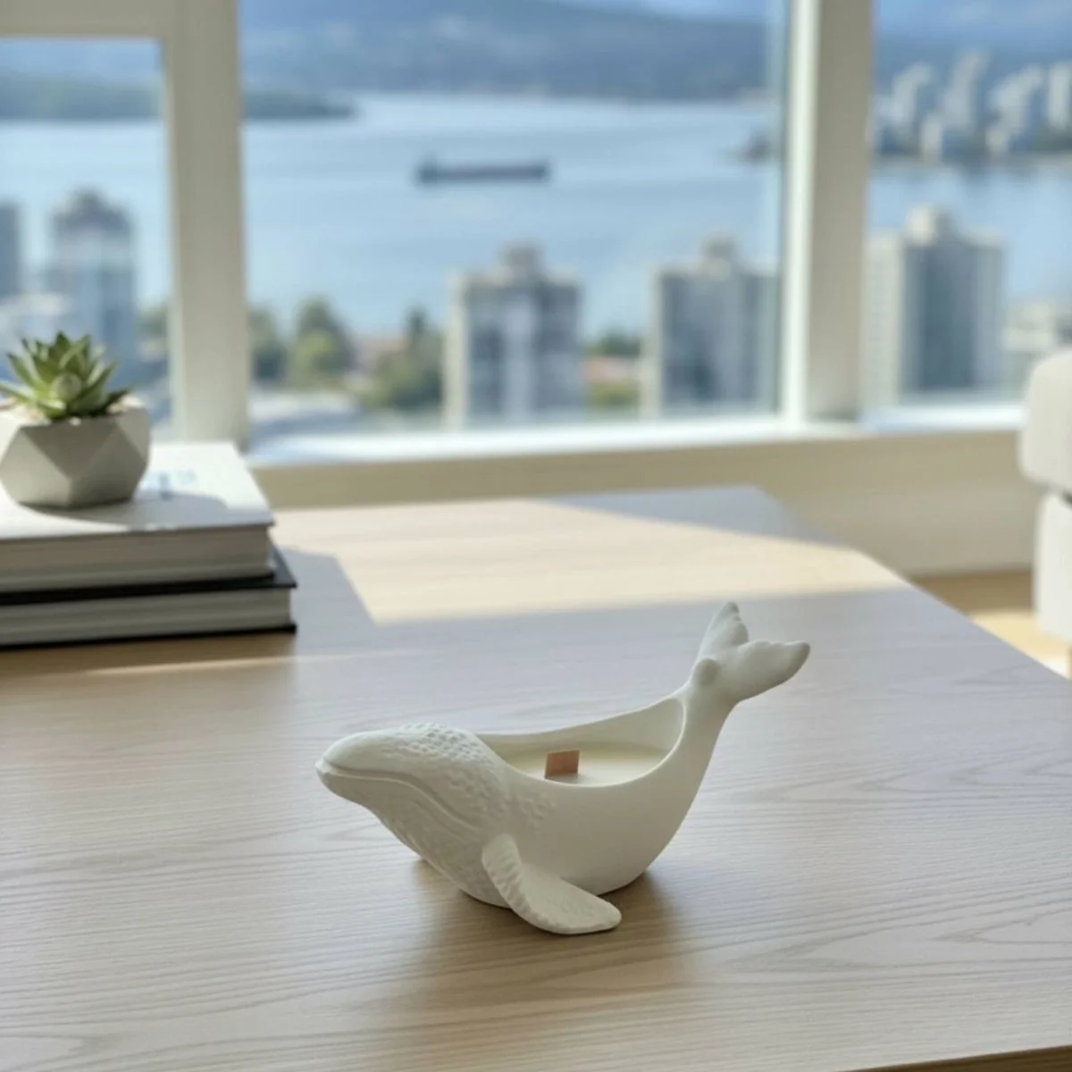 The whale candle on a desk in daylight, water and mountains through the window behind it