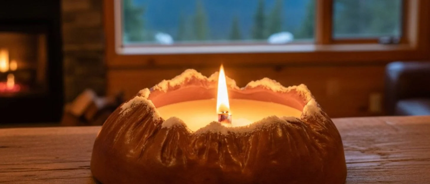 A lit candle in a sculpted vessel shaped like a ring of snow-capped peaks, burning on a timber mantel with a fireplace to one side