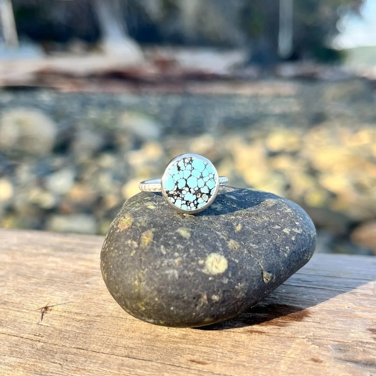 A silver ring set with a round turquoise stone webbed in black, standing on a dark beach pebble with the shoreline behind