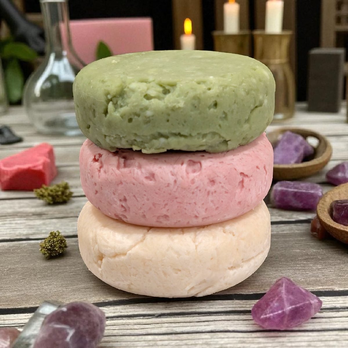 Three shampoo and conditioner bars stacked on a wooden surface in green, pink and cream, with polished stones around them