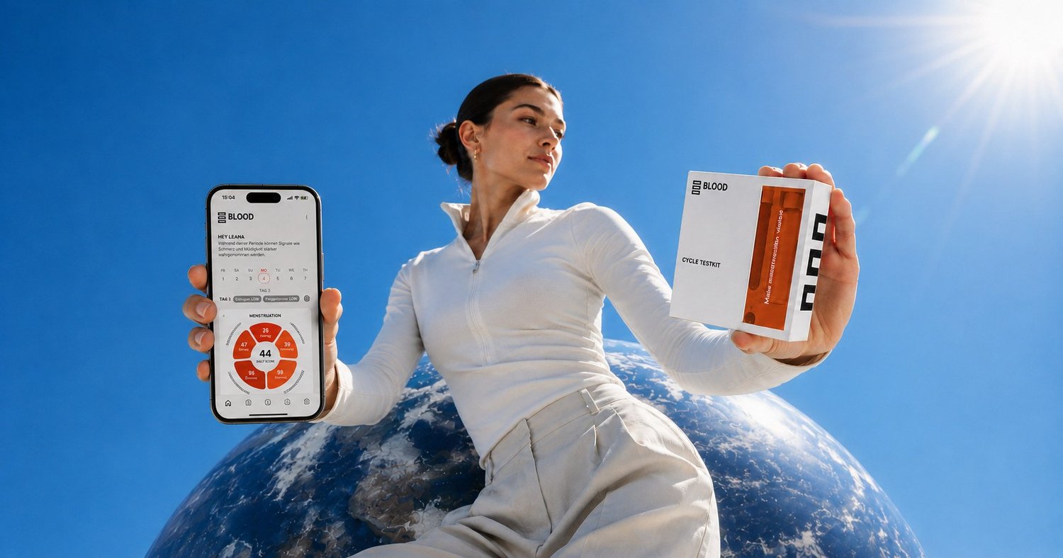 Woman holding a theblood app concept and collection kit