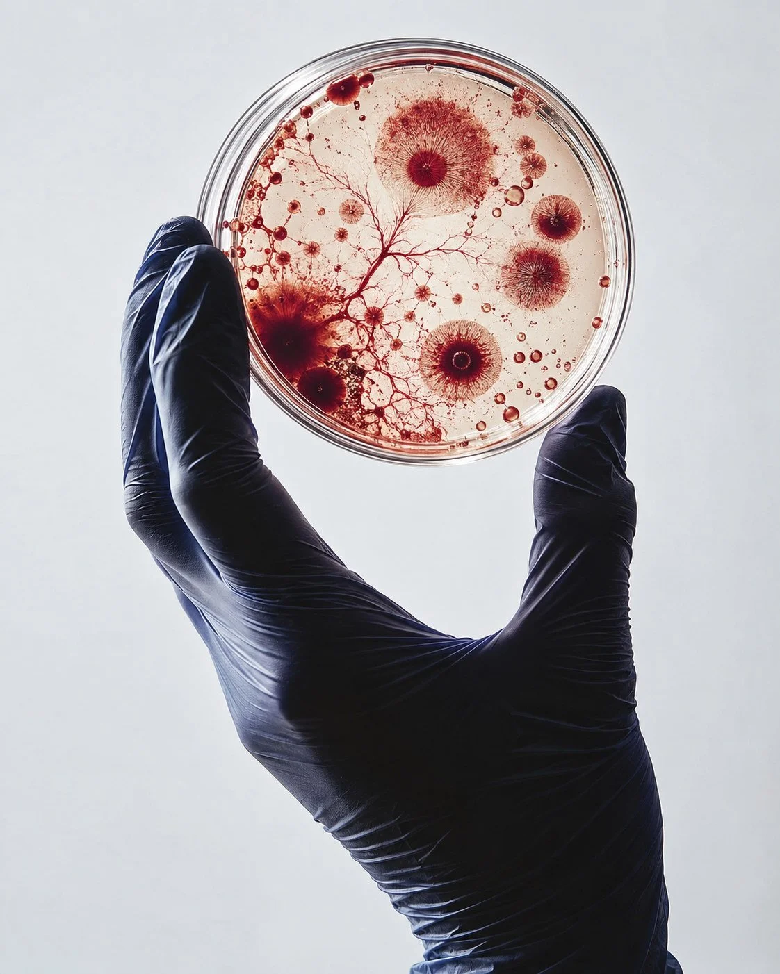 Petri dish held by a gloved hand, showing an abstract red sample