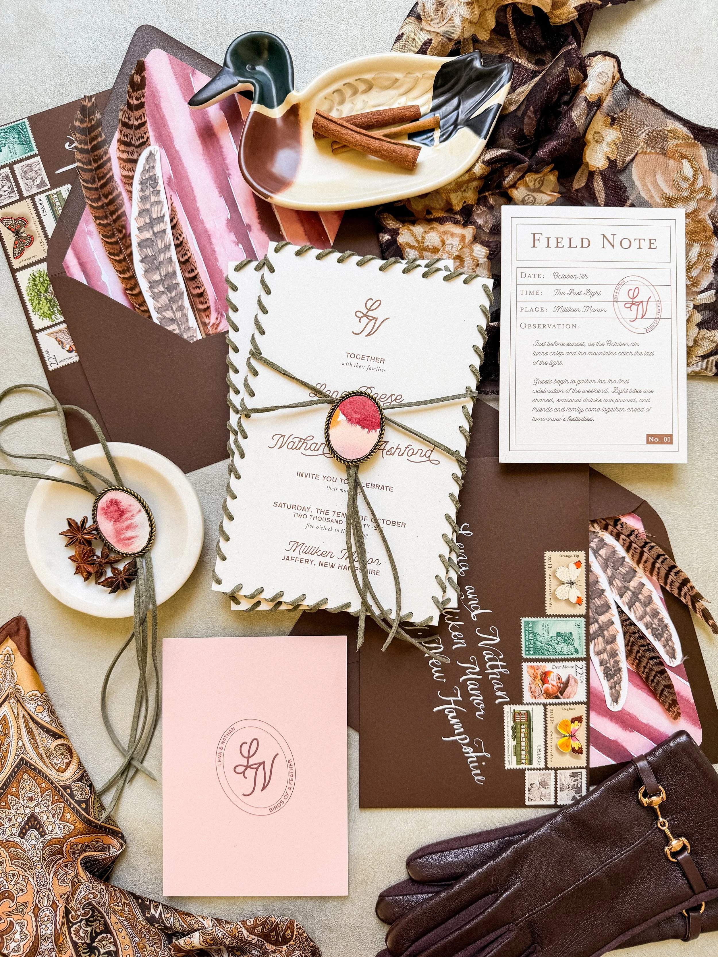 Custom wedding invitation collection with original watercolor artwork and silk ribbon