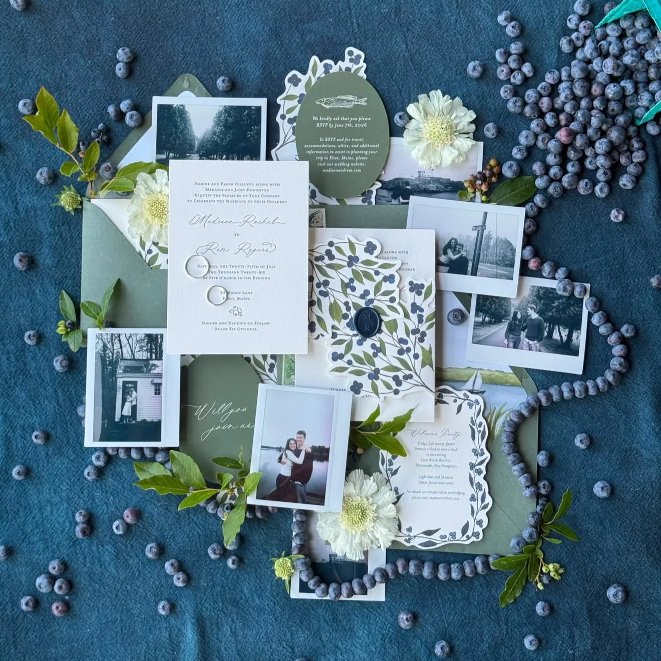 Layered botanical wedding invitation suite with an original coastal watercolor envelope liner and a custom die-cut wrap