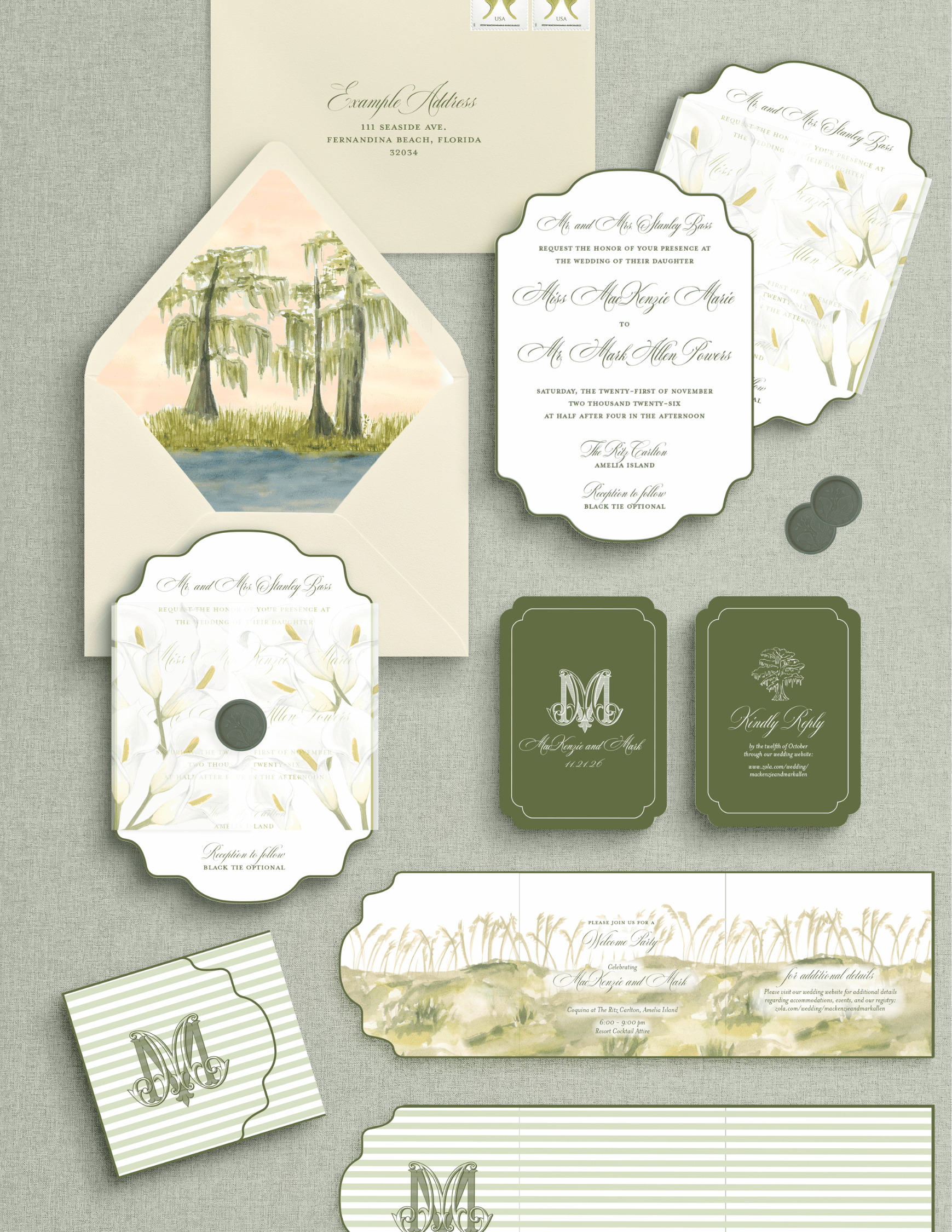 Realistic mockup of MacKenzie and Mark’s wedding stationery collection