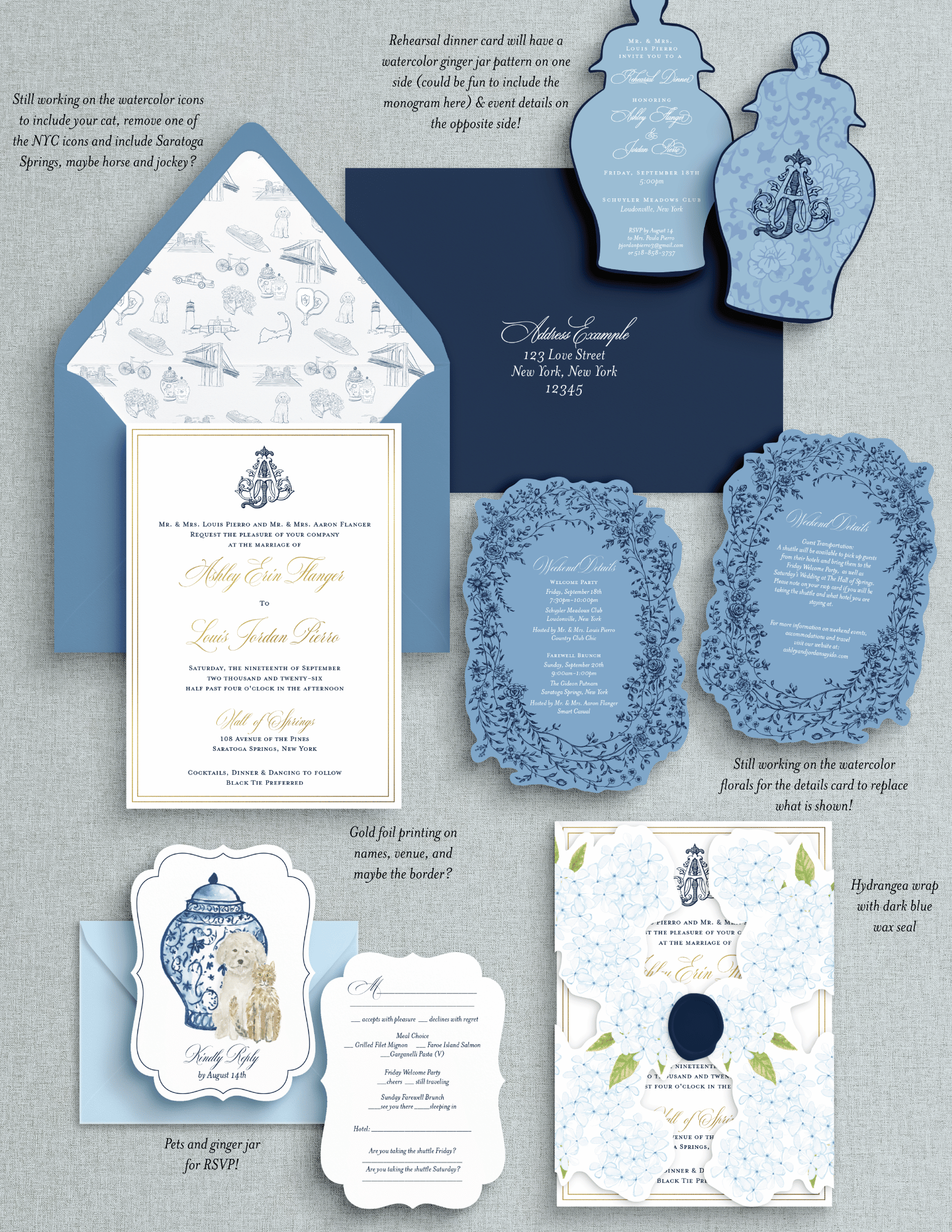 Realistic mockup of MacKenzie and Mark’s wedding stationery collection