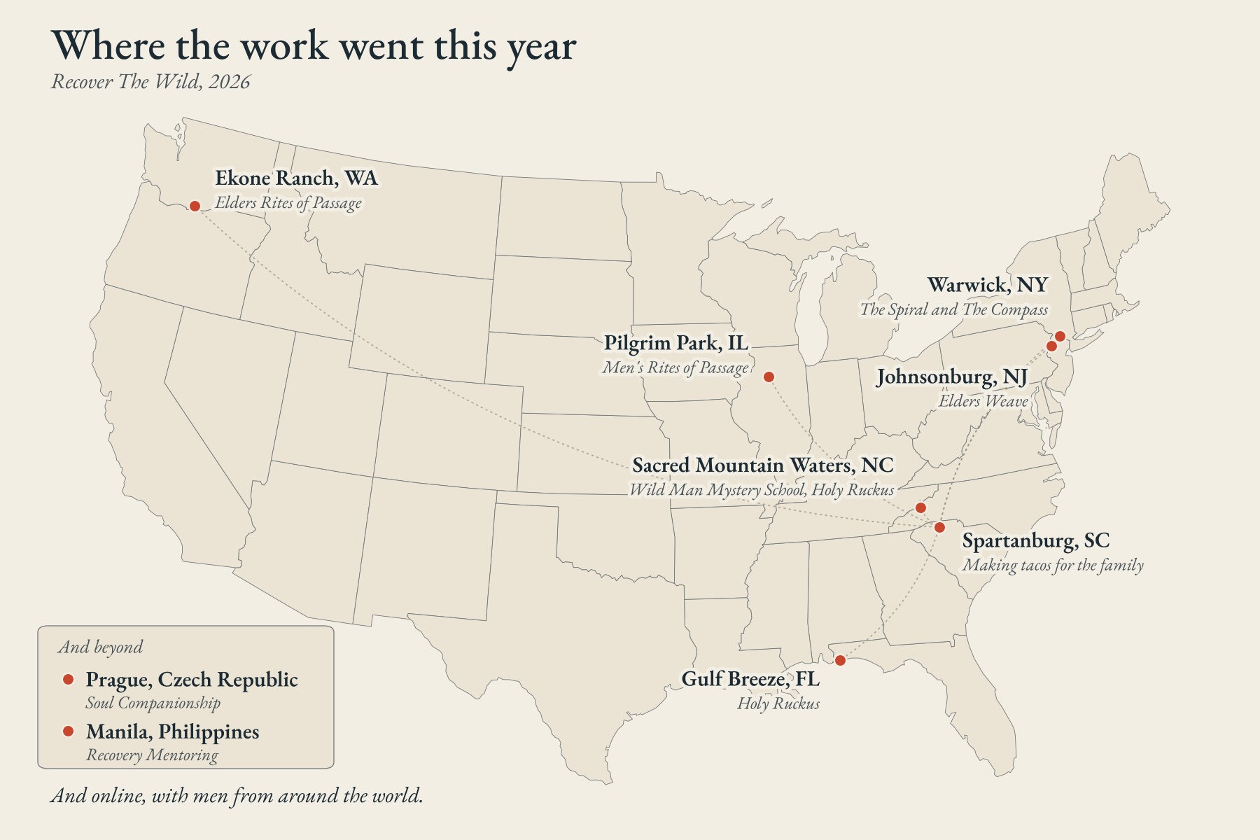 Map of where Recover The Wild's work went in 2026: Ekone Ranch WA, Pilgrim Park IL, Warwick NY, Johnsonburg NJ, Sacred Mountain Waters NC, Spartanburg SC, Gulf Breeze FL, and beyond in Prague, Czech Republic and Manila, Philippines