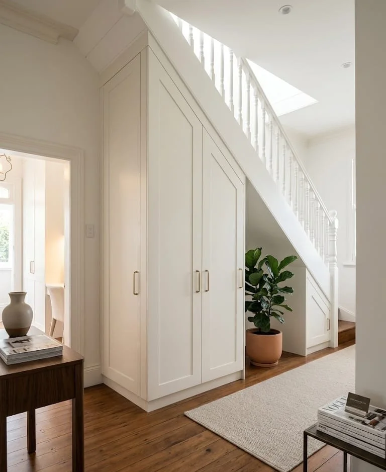 Design visualisation of the finished under-stair storage: white panelled doors with brass handles beside an open nook with a potted plant