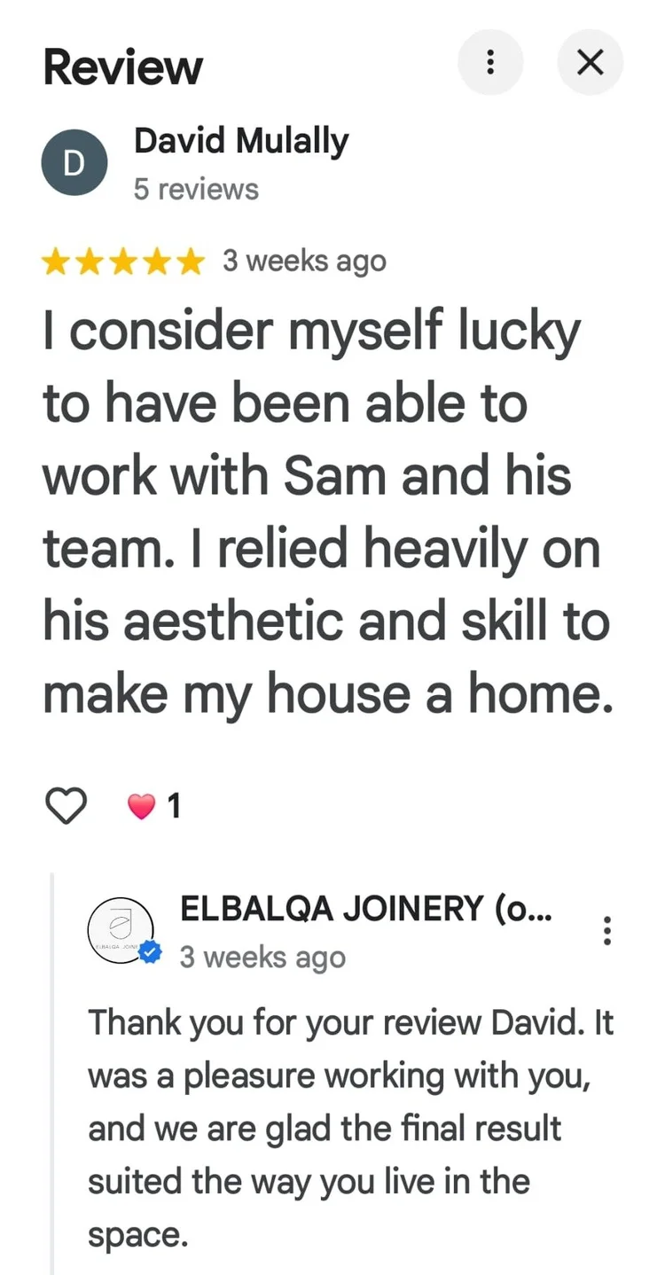 Five-star Google review describing the aesthetic and skill of the Elbalqa team, with the business reply underneath