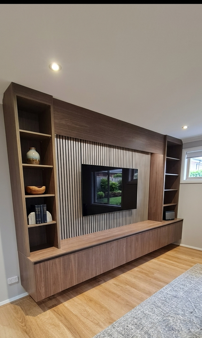 Slatted timber media wall concept