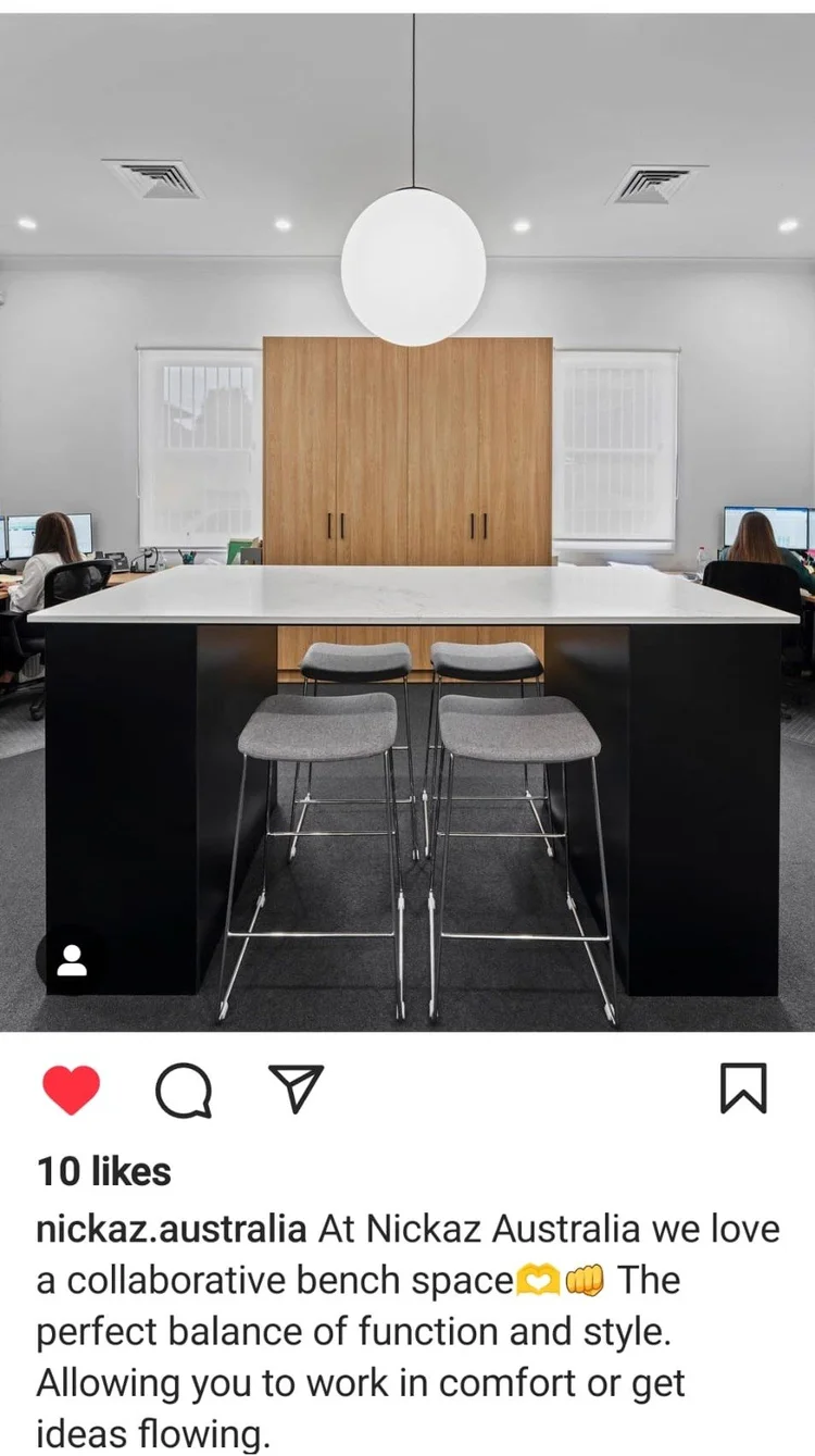 Instagram post by Nickaz Australia showing the stone-topped island bench, praising the collaborative bench space as the perfect balance of function and style