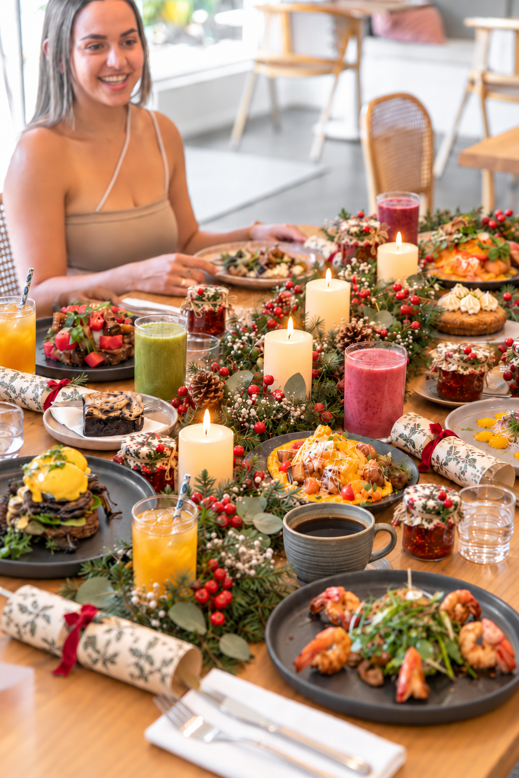 Close-up of the Willow Christmas breakfast setting and food