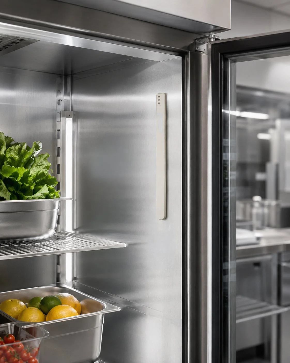 AI-generated visualisation of a slim Frigo sensor mounted inside a commercial kitchen fridge