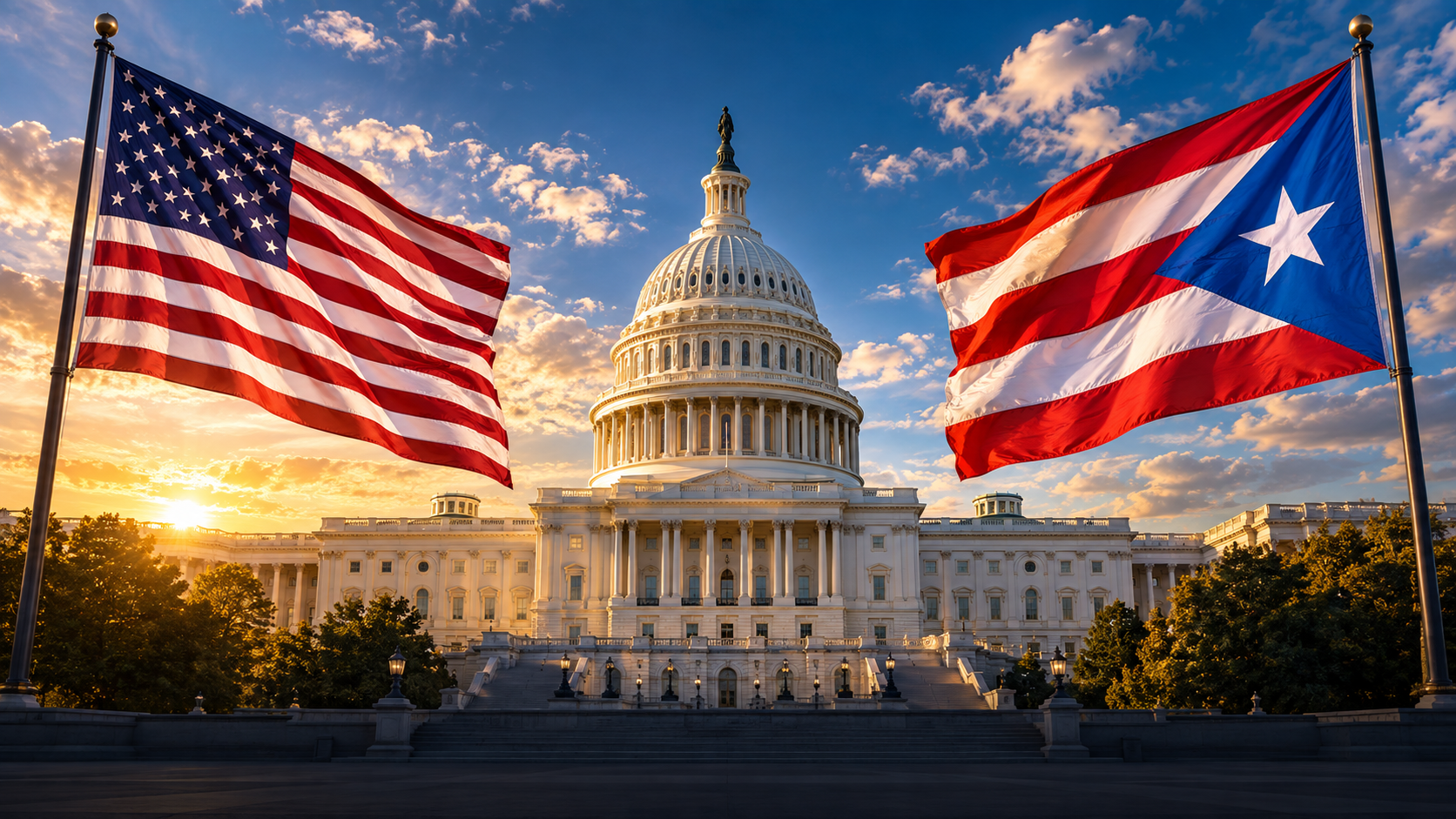 Illustration of the U.S. Capitol with United States and Puerto Rico flags