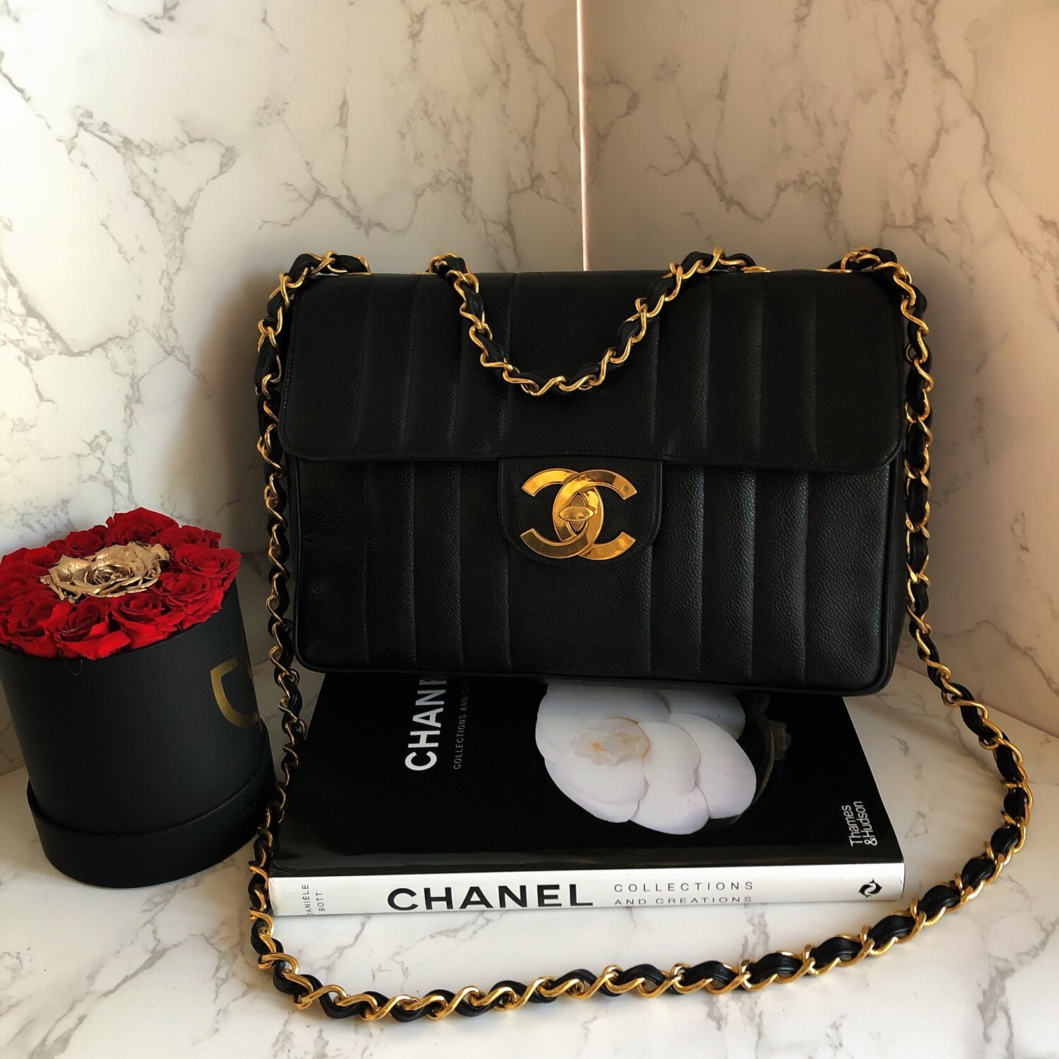 CHANEL Caviar Leather CC Turnlock Vertical Classic Flap jumbo XL Chain bag  — ANK WORLD