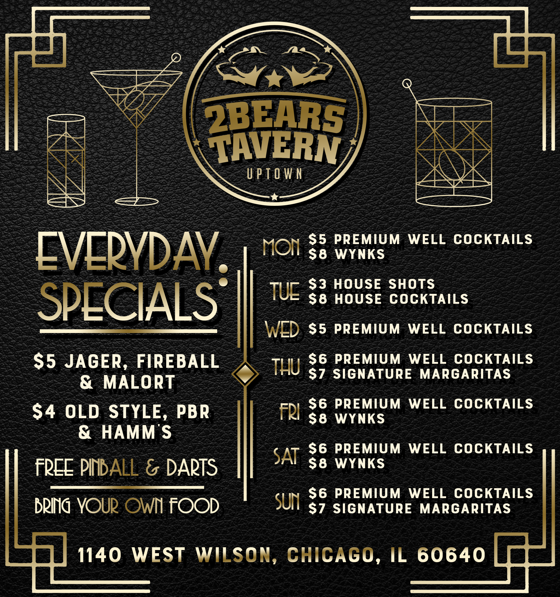 2Bears Tavern Uptown weekly drink specials menu - nightly cocktail specials and everyday deals Monday through Sunday