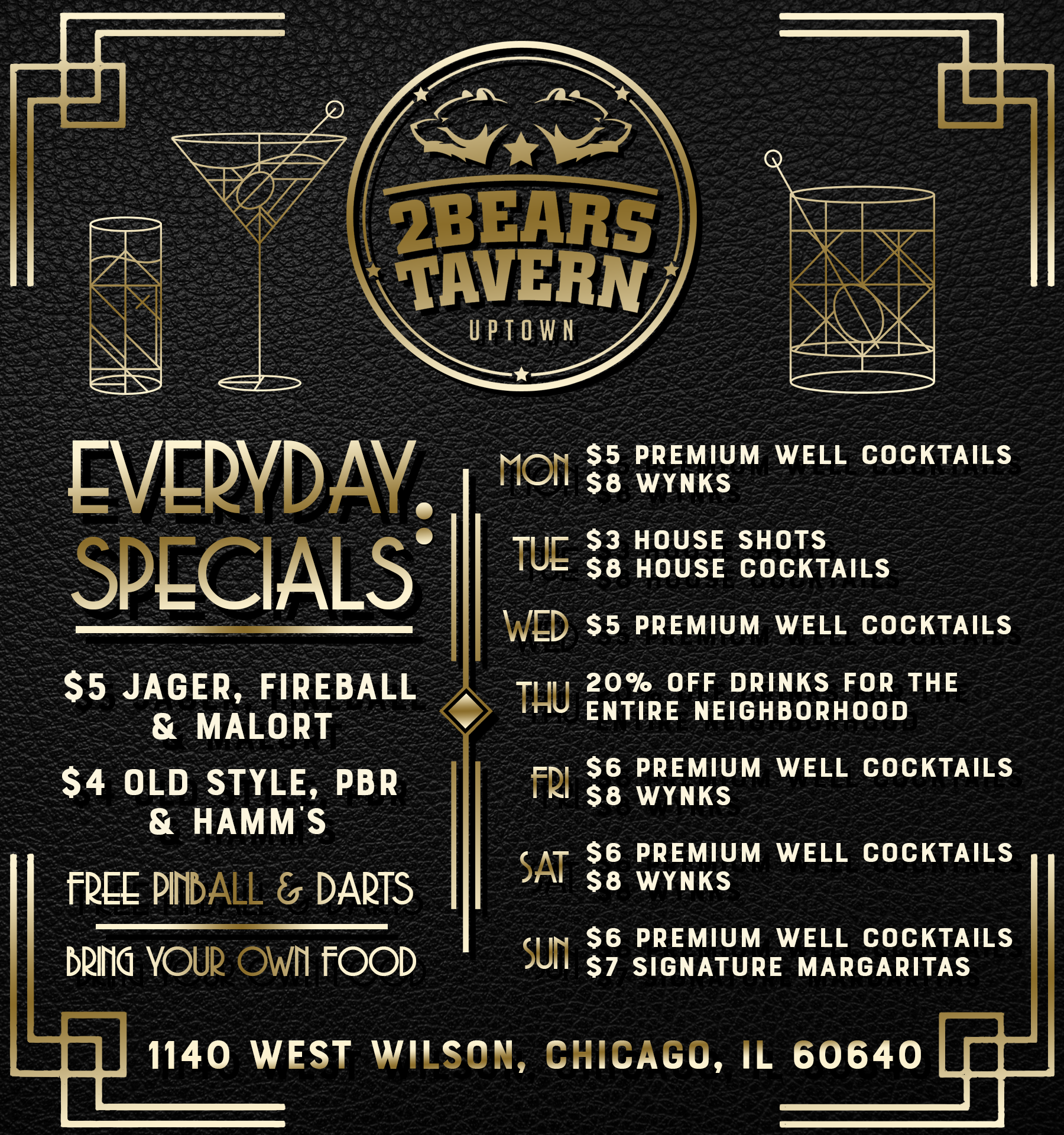 2Bears Tavern Uptown weekly drink specials menu - nightly cocktail specials and everyday deals Monday through Sunday