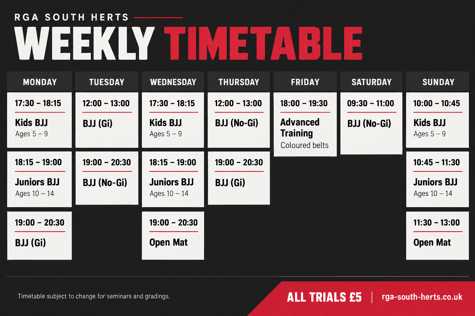 RGA South Herts weekly class timetable. Open the full-size image to read class days and times.