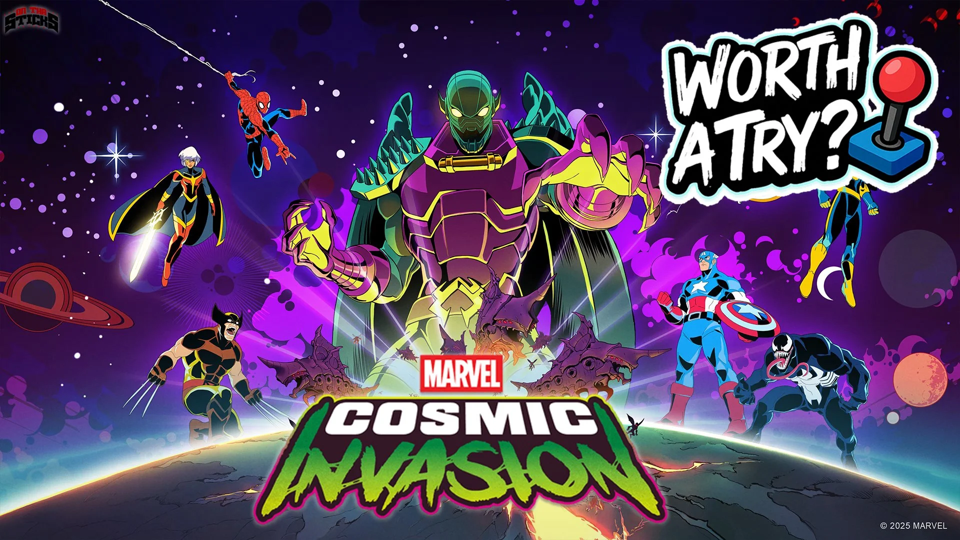 Marvel Cosmic Invasion review hero image featuring retro pixel art styling and OnThaSticks Worth A Try branding