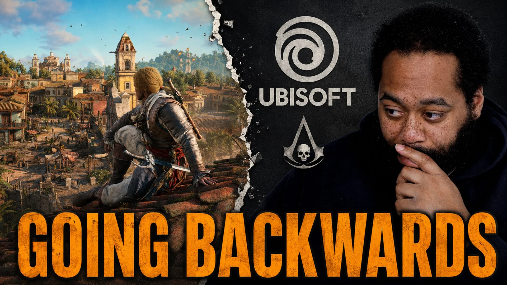 Why Ubisoft Is Going Backwards And Black Flag Resynced Is the Proof - OnThaSticks WHY Series thumbnail showing Edward Kenway overlooking Havana and the Ubisoft logo