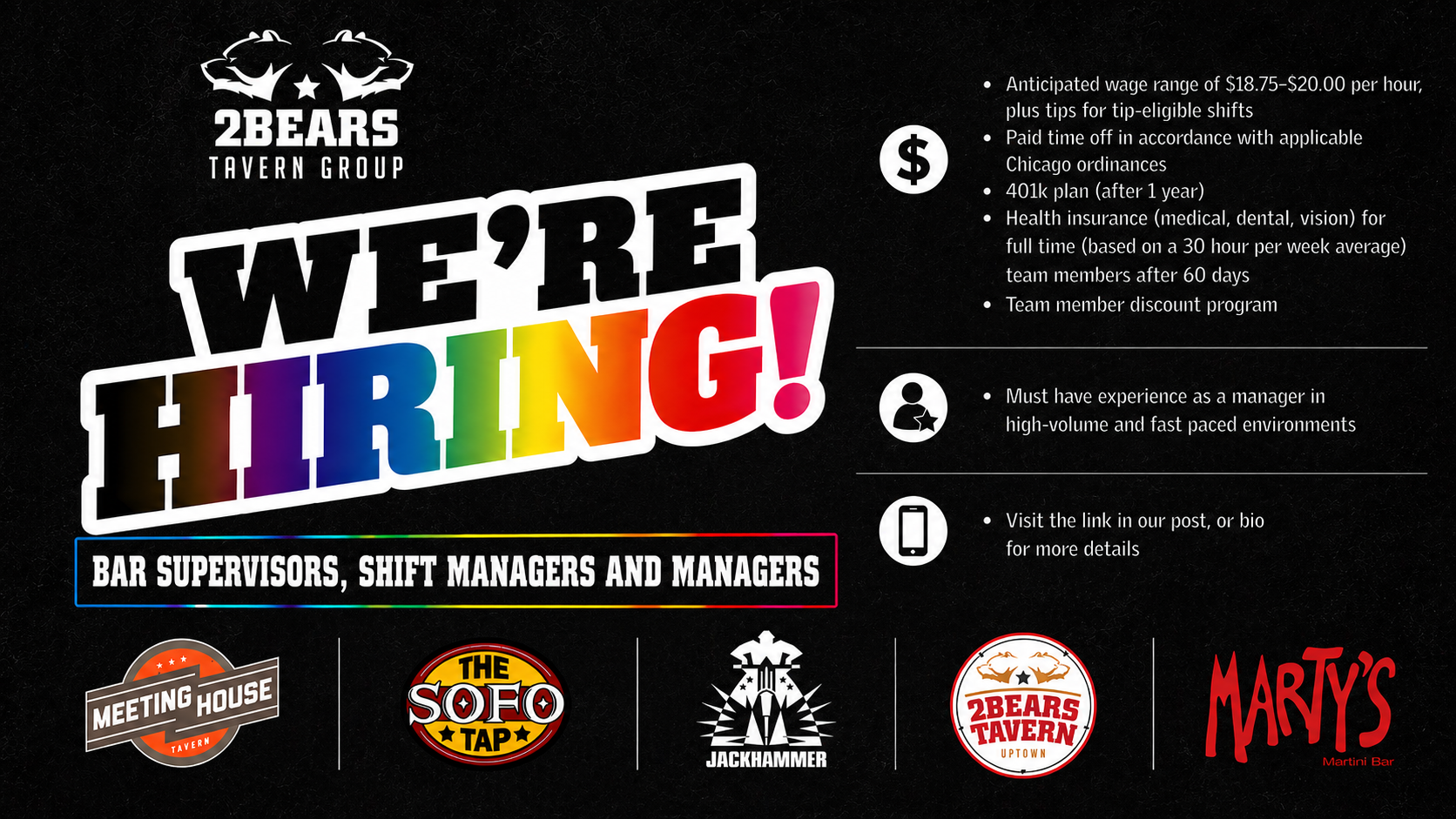 2Bears Tavern Group hiring Bar Supervisors, Shift Managers, and Managers
