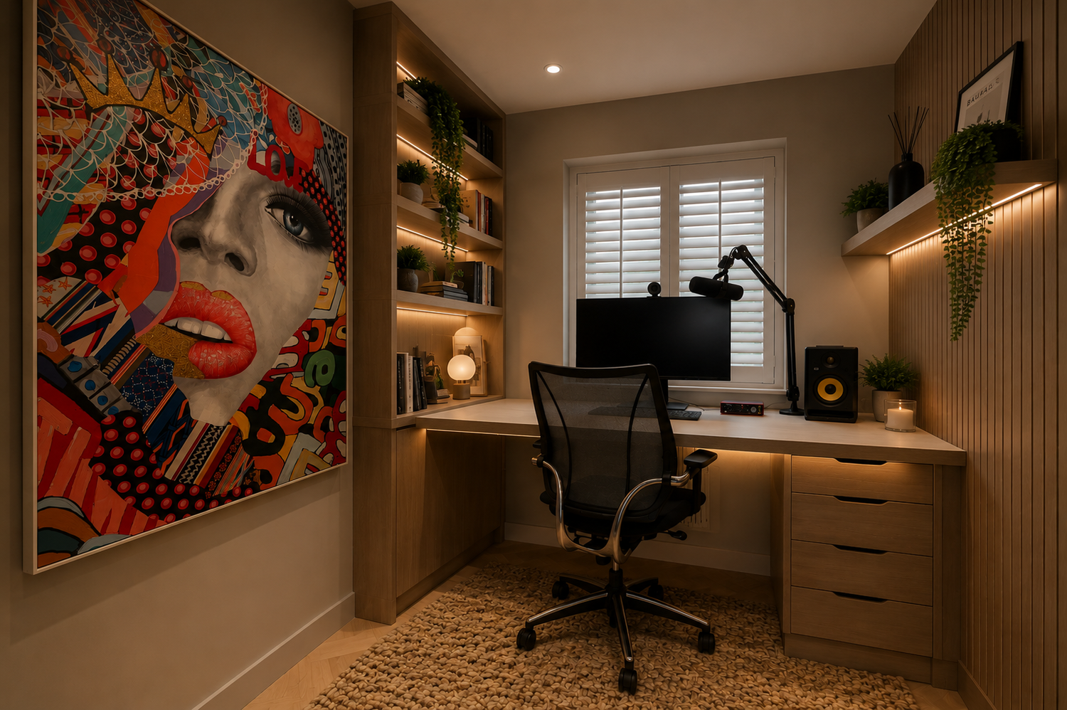 Fitted home office with built-in desk and shelving
