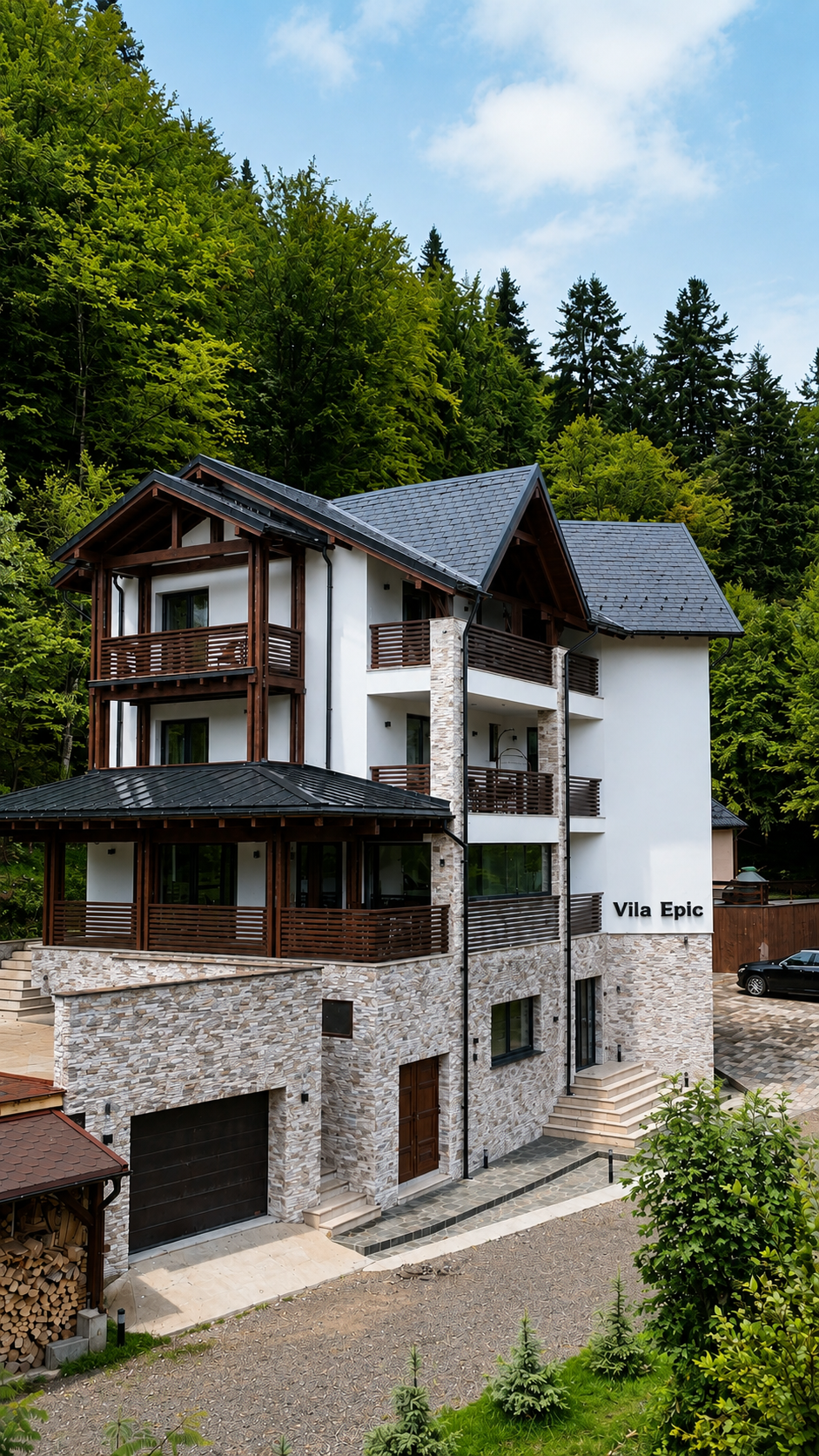 The finished chalet at dusk