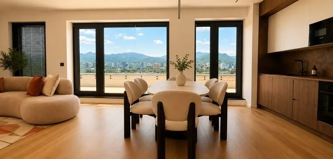 Kitchen and dining with view
