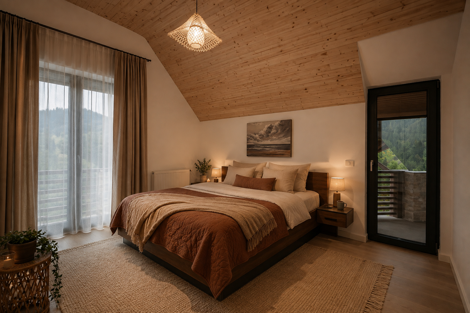 Exposed-wood loft bedroom