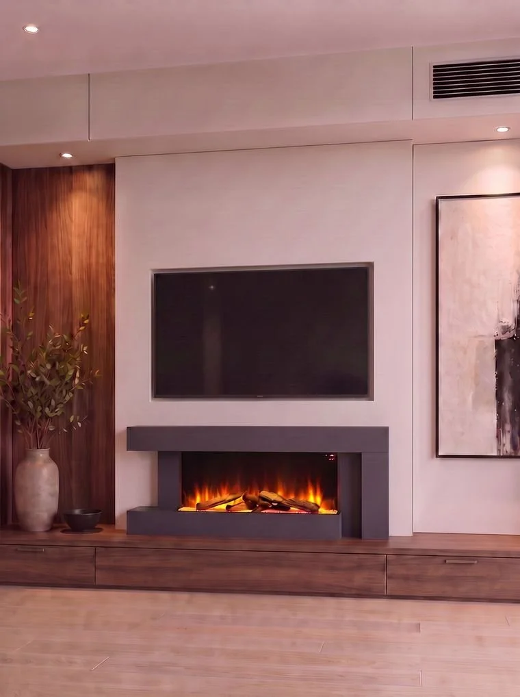 Bespoke media wall with built-in fireplace