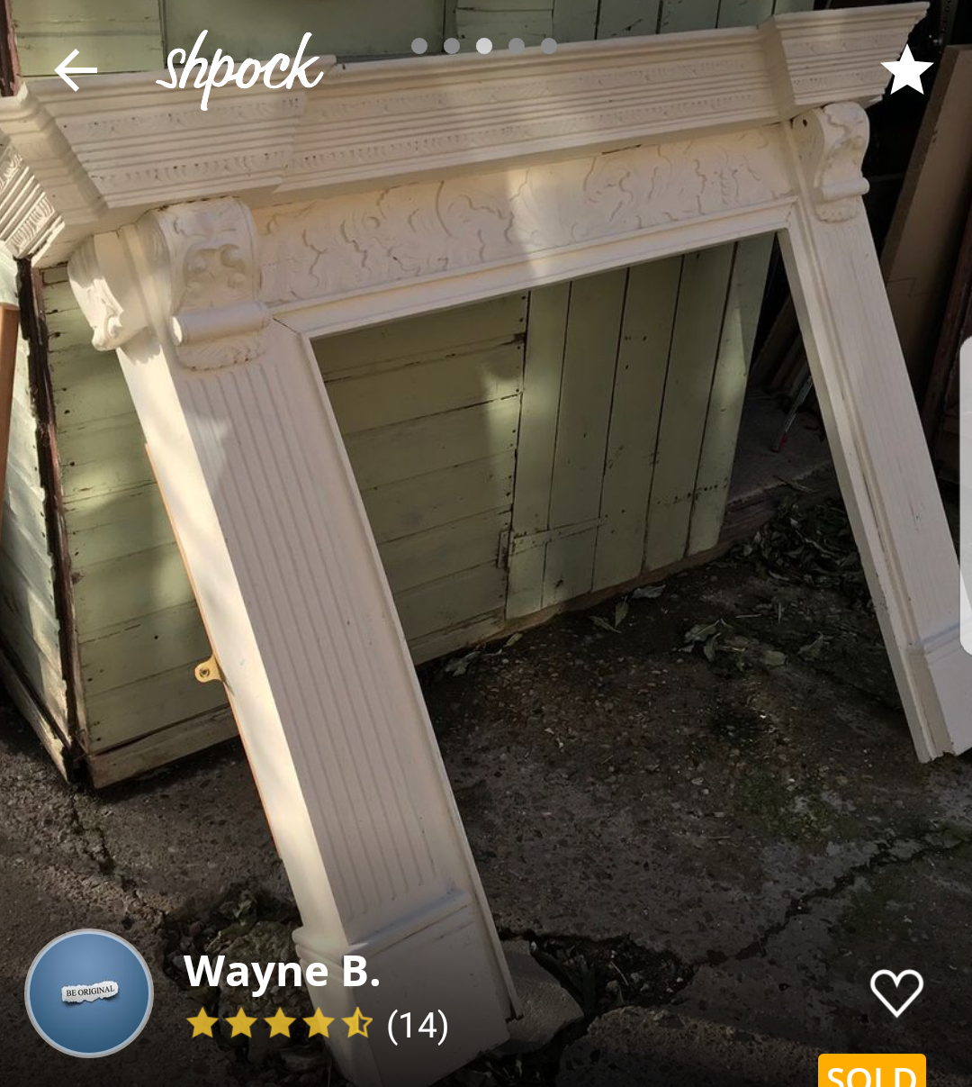 The original Shpock listing for the ornate fireplace surround, marked sold