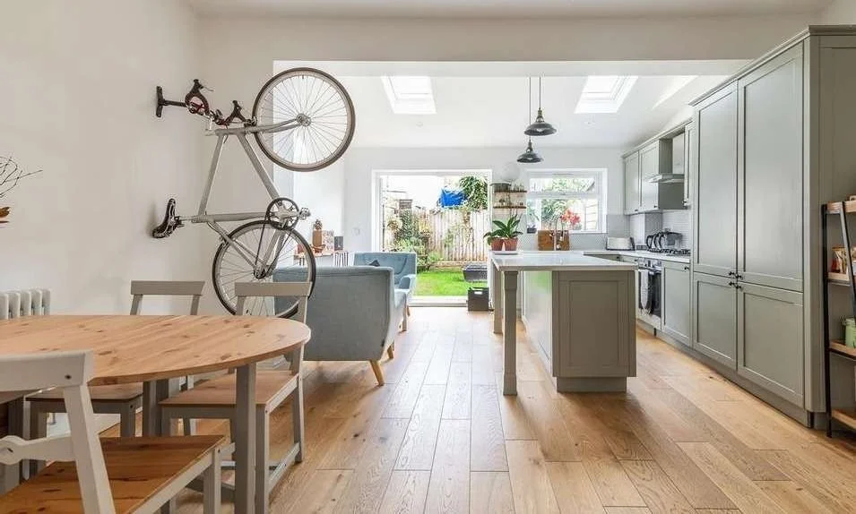 The finished kitchen and dining space in the rear extension, opening onto the garden