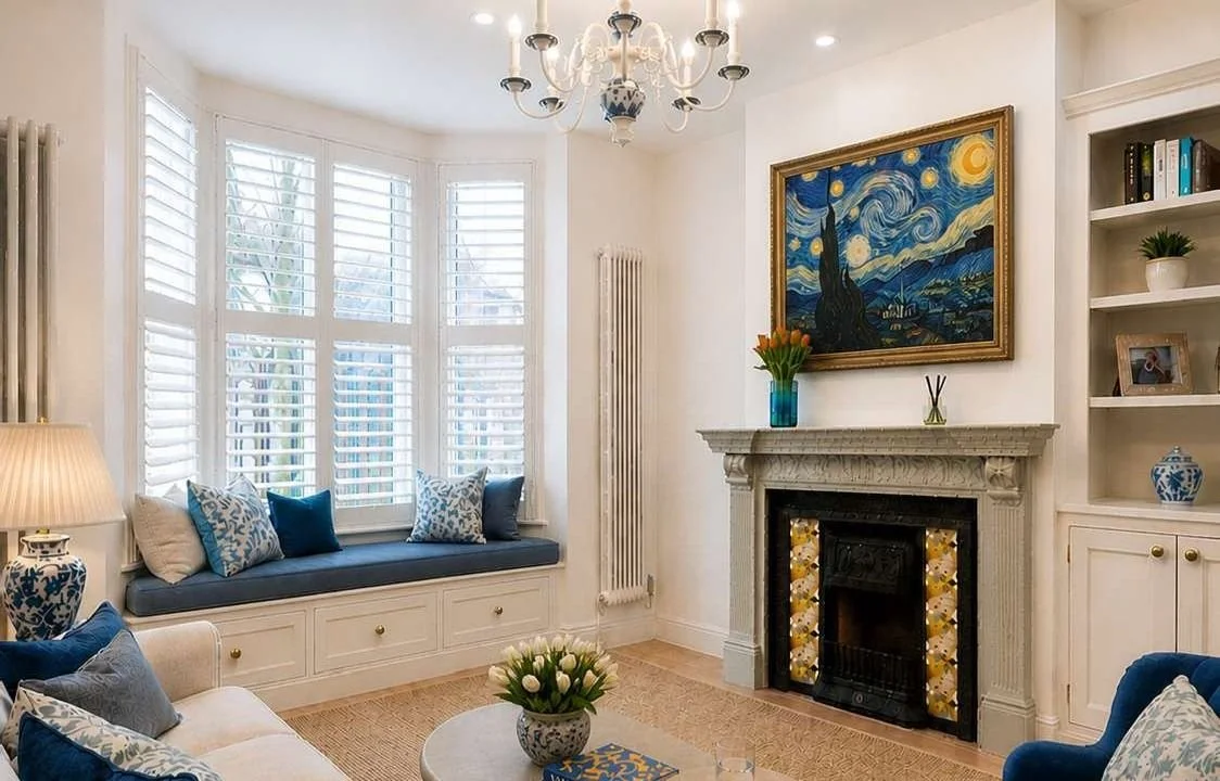The finished living room: bay window seat, restored fireplace and Delft chandelier